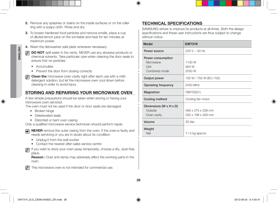 Samsung GW731K/ELE manual Storing and Repairing Your Microwave Oven, Technical Specifications, Model GW731K 