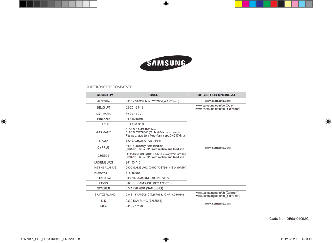 Samsung GW731K/ELE manual Code No. DE68-04092C 