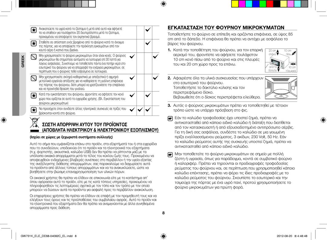 Samsung GW731K/ELE manual Εγκατάσταση ΤΟΥ Φούρνου Μικροκυμάτων, Σωστή Απόρριψη Αυτού ΤΟΥ Προϊόντοσ 