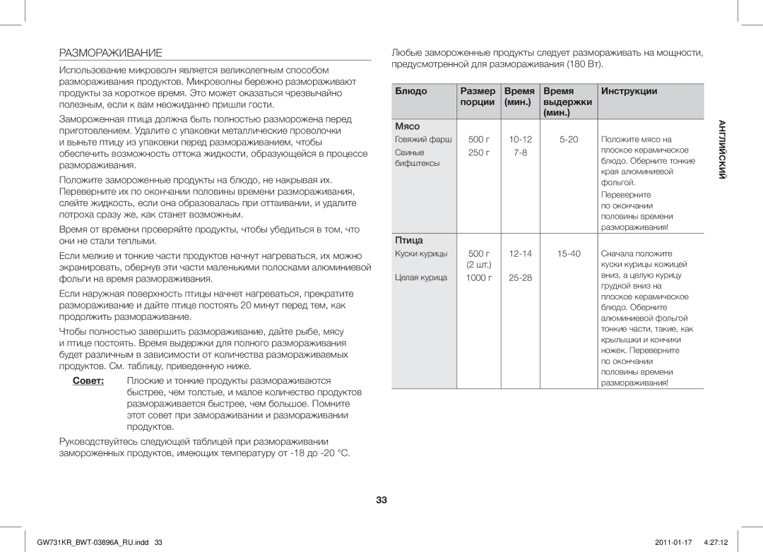 Samsung GW731KR/BWT manual Размораживание, Блюдо Размер Время Инструкции Порции Мин Выдержки 