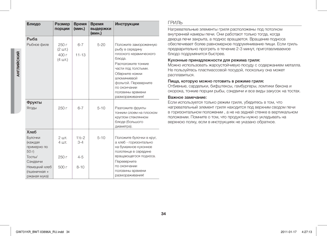 Samsung GW731KR/BWT manual Гриль, Хлеб, Важное замечание 