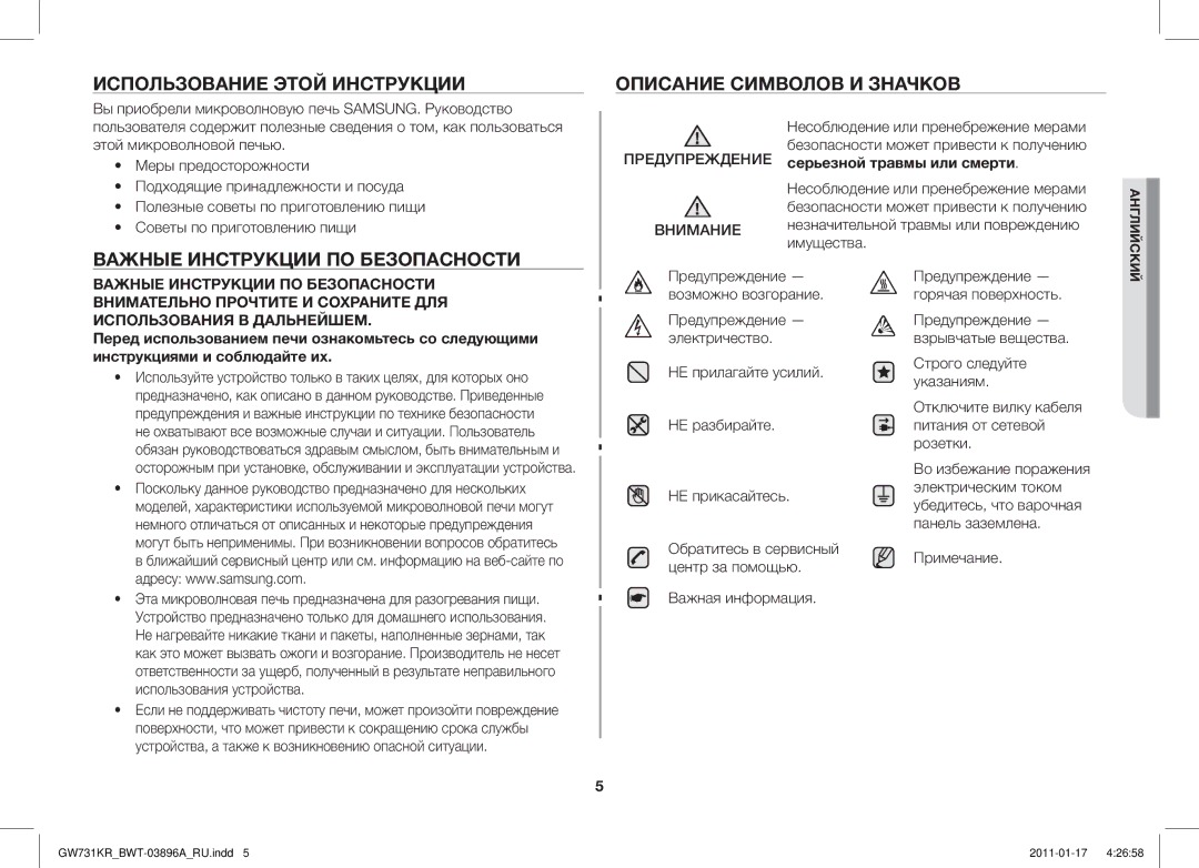 Samsung GW731KR/BWT manual Использование Этой Инструкции Описание Символов И Значков, Важные Инструкции ПО Безопасности 