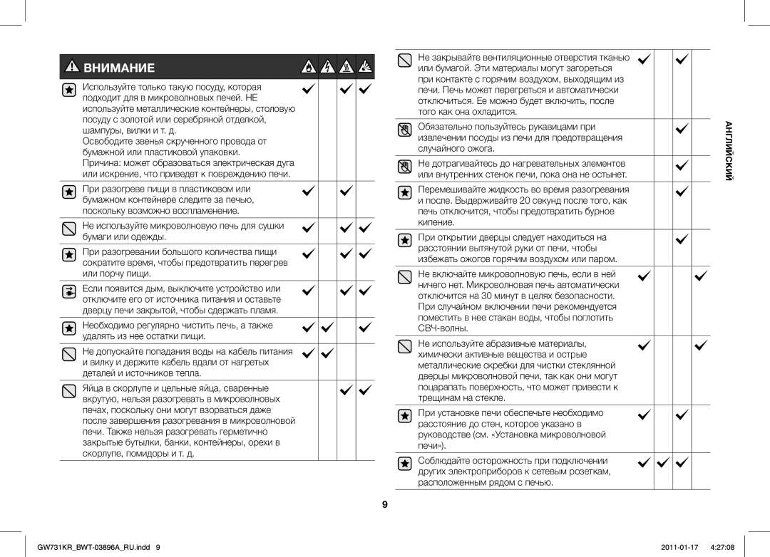 Samsung GW731KR/BWT manual Внимание 