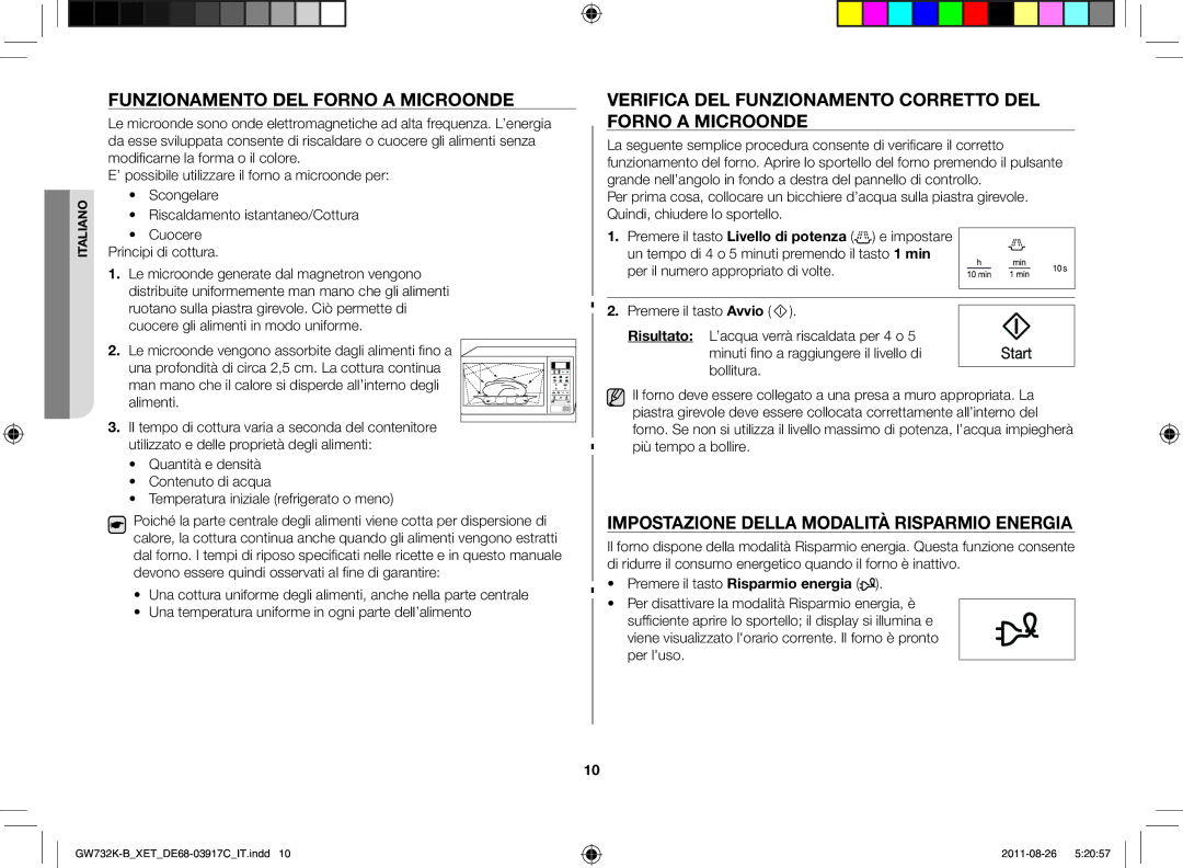 Samsung GW732K-B/XET manual Funzionamento del forno a microonde, Verifica del funzionamento corretto del forno a microonde 