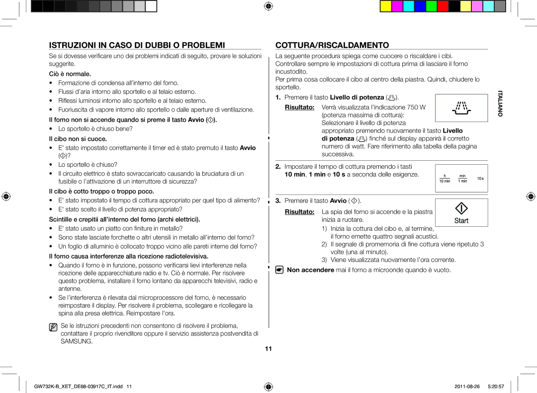 Samsung GW732K-B/XET Istruzioni in caso di dubbi o problemi, Cottura/Riscaldamento, Il cibo è cotto troppo o troppo poco 