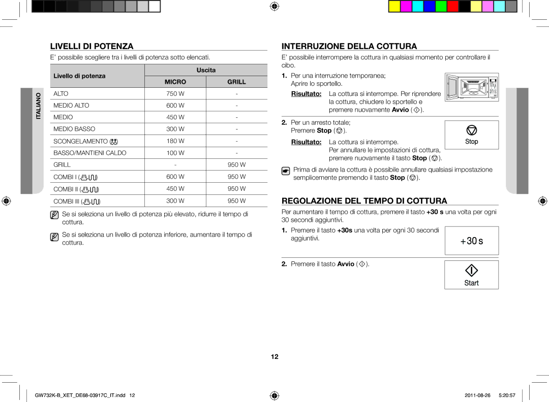 Samsung GW732K-B/XET manual Livelli di potenza, Interruzione della cottura, Regolazione del tempo di cottura 