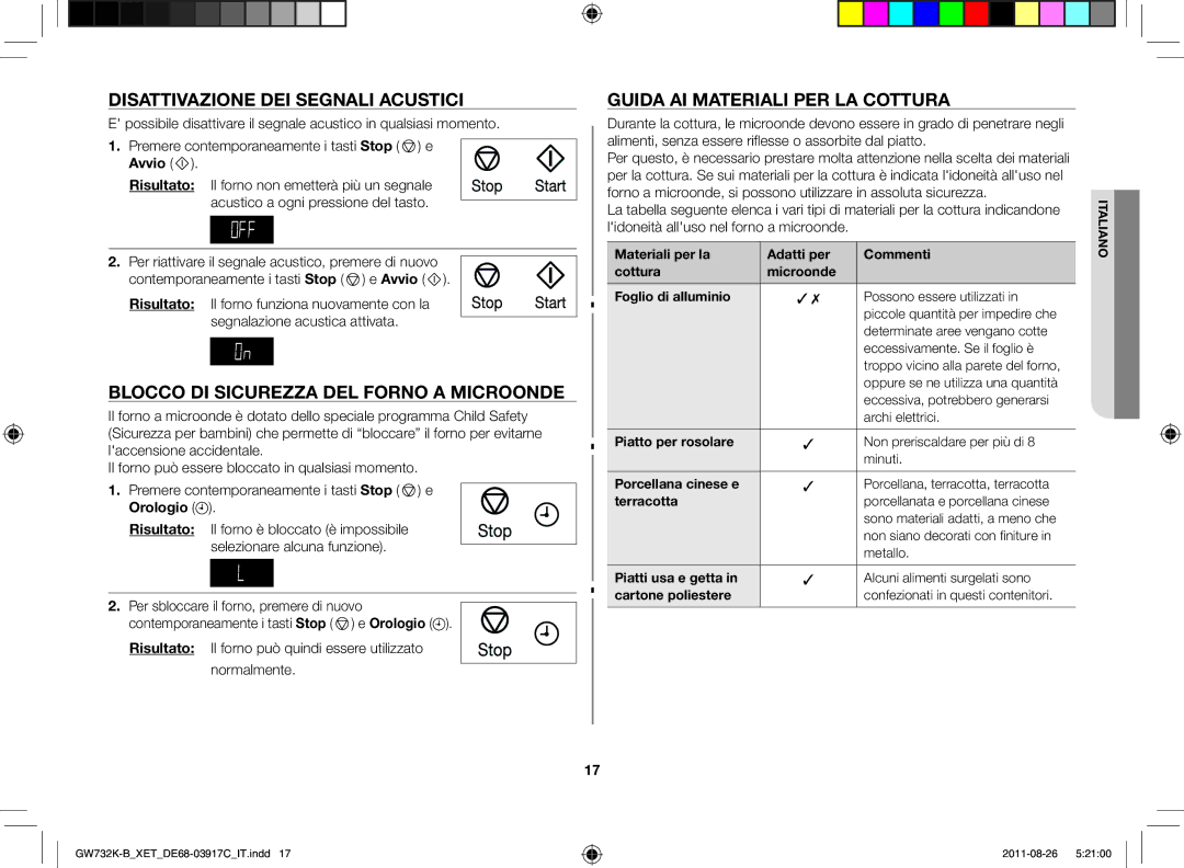 Samsung GW732K-B/XET manual Disattivazione dei segnali acustici, Blocco di sicurezza del forno a microonde 