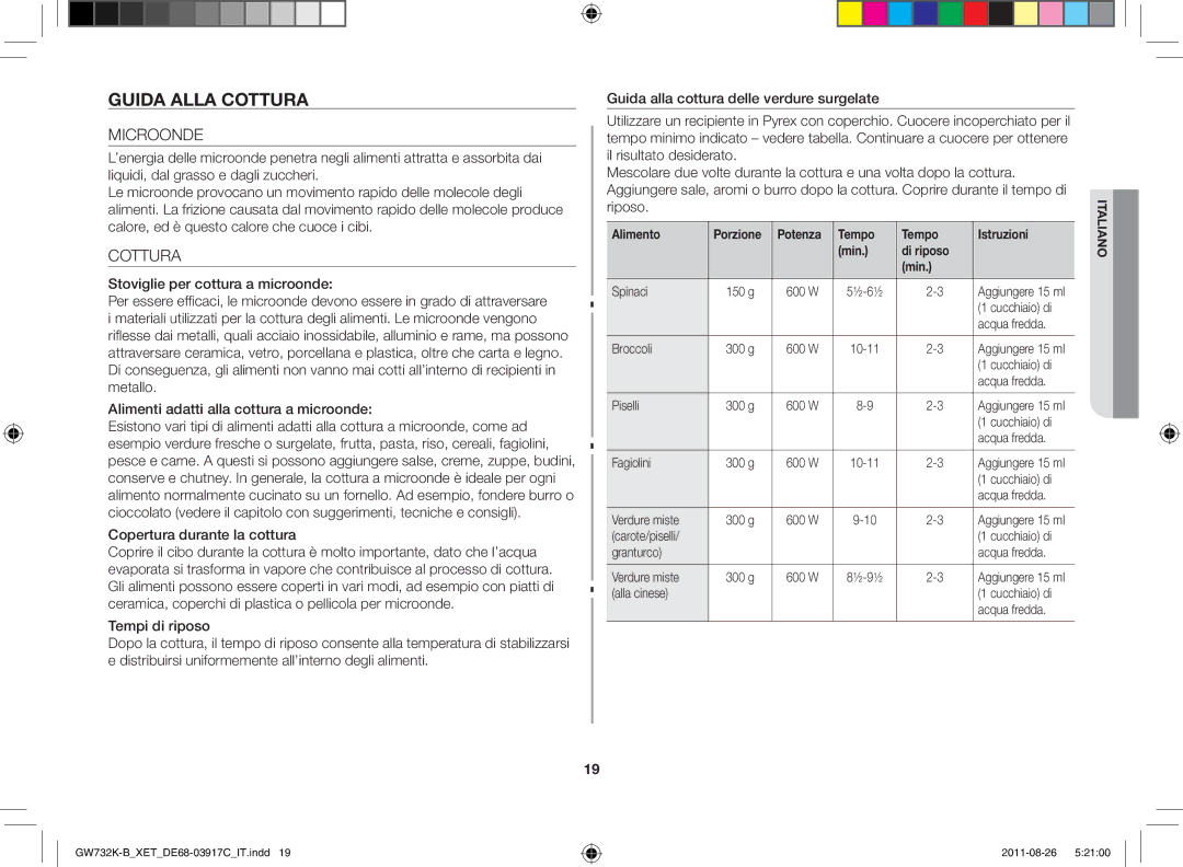 Samsung GW732K-B/XET Guida alla cottura, Microonde, Cottura, Alimento Porzione Potenza Tempo Istruzioni Min Di riposo 