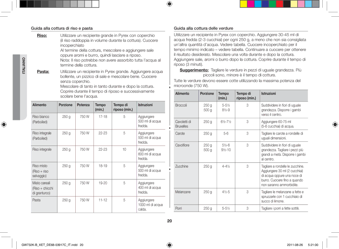 Samsung GW732K-B/XET manual Alimento Porzione Potenza Tempo Tempo di Istruzioni, Riposo min 