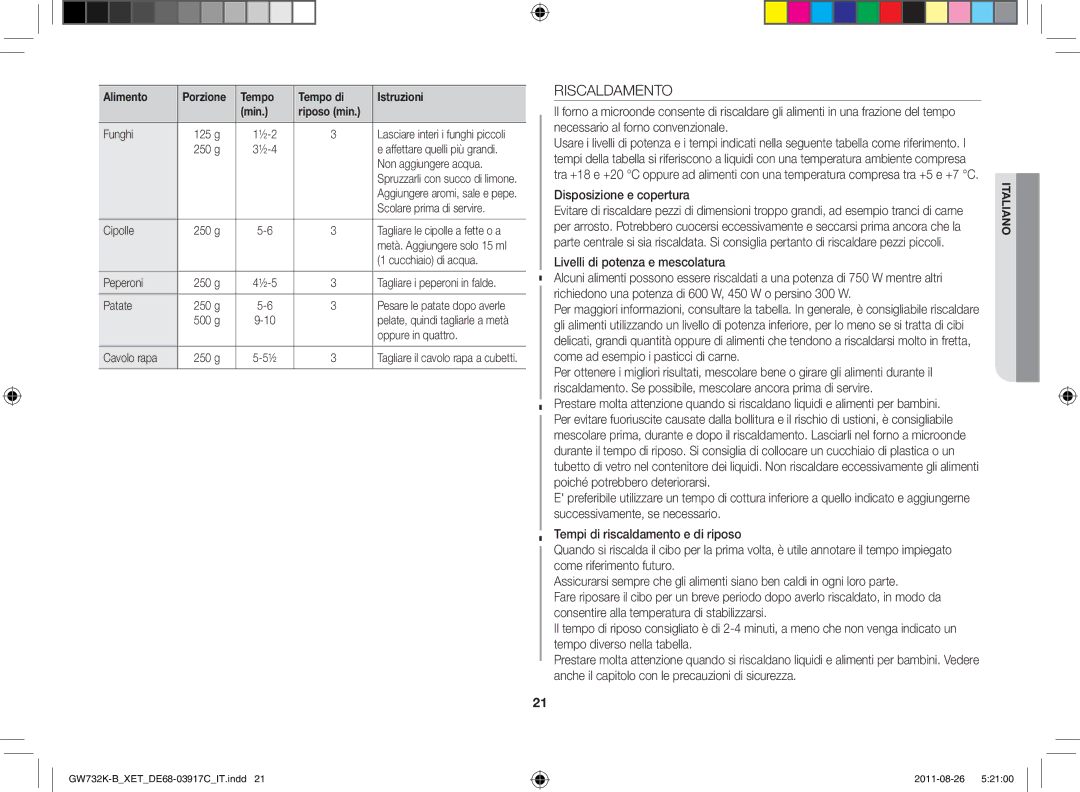 Samsung GW732K-B/XET manual Riscaldamento, Disposizione e copertura, Livelli di potenza e mescolatura 