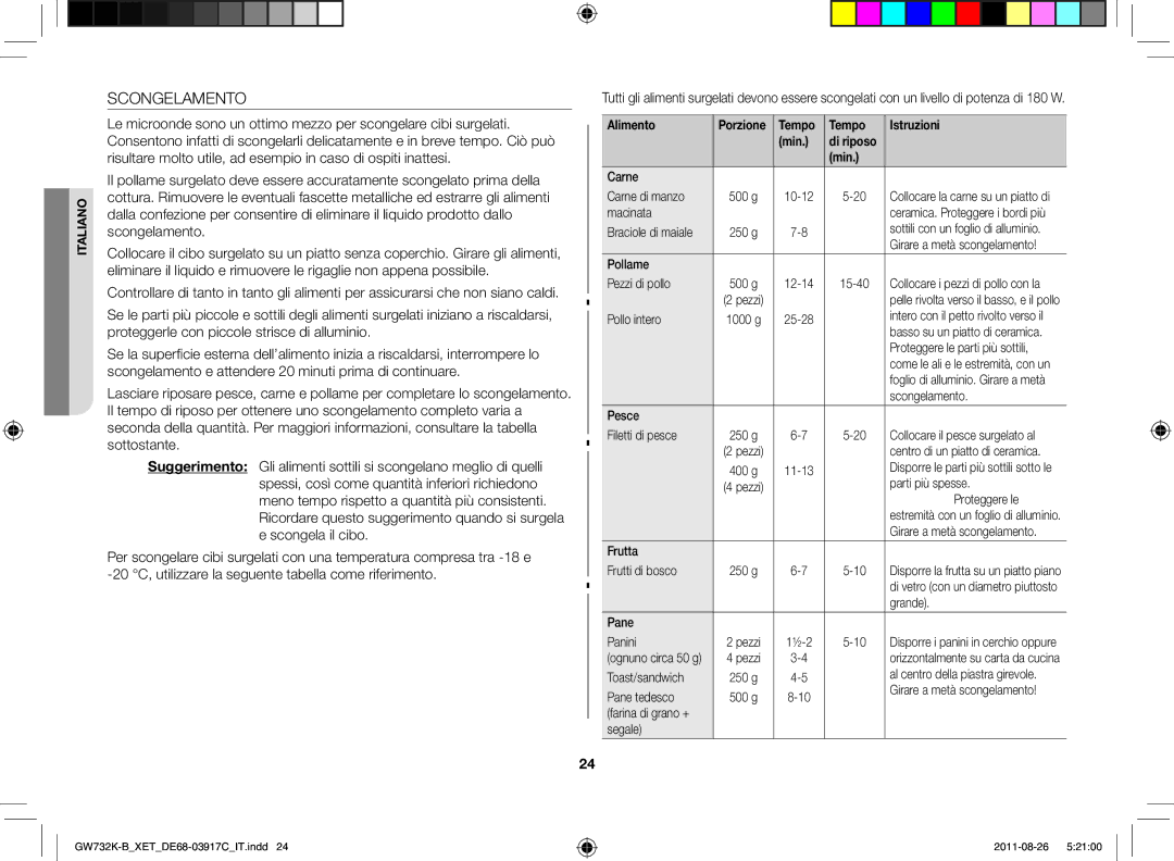 Samsung GW732K-B/XET manual Scongelamento 