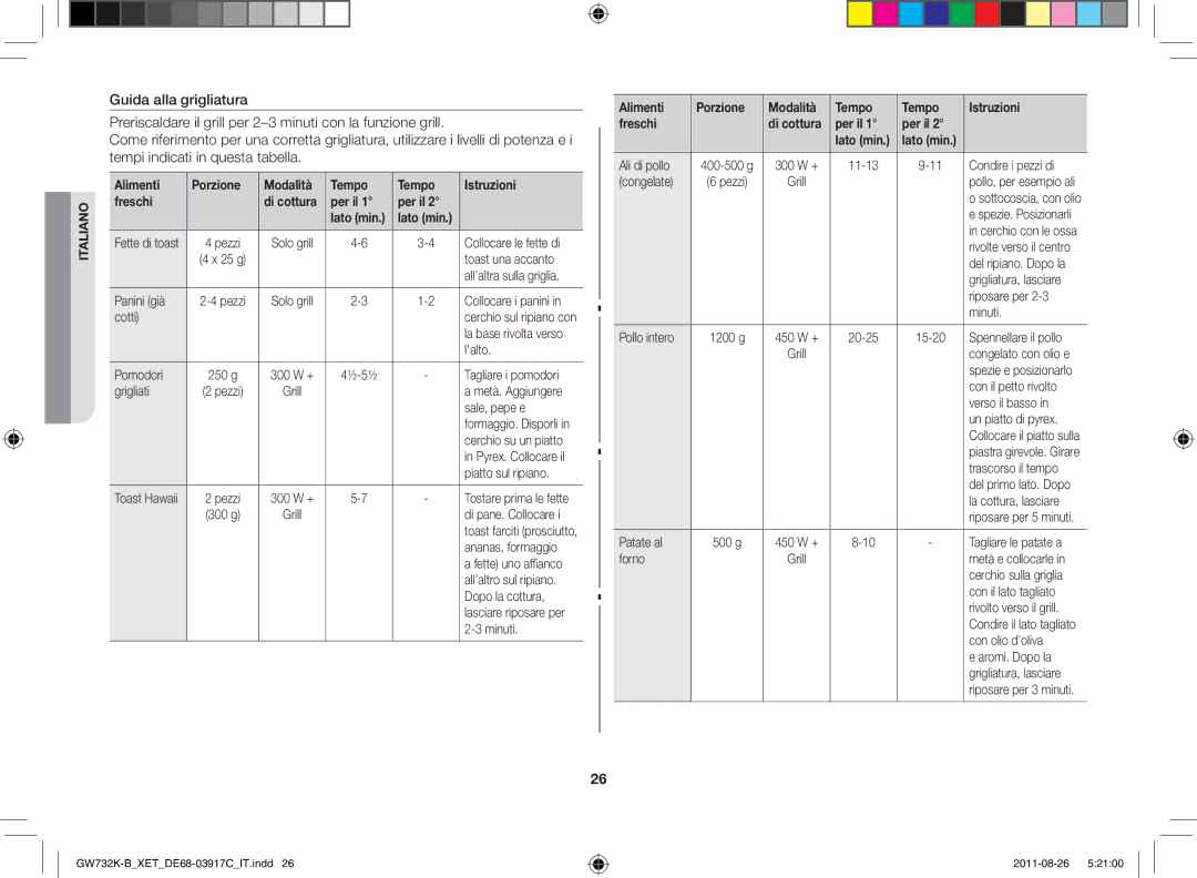 Samsung GW732K-B/XET manual Alimenti Porzione Modalità Tempo Istruzioni Freschi, Per il 