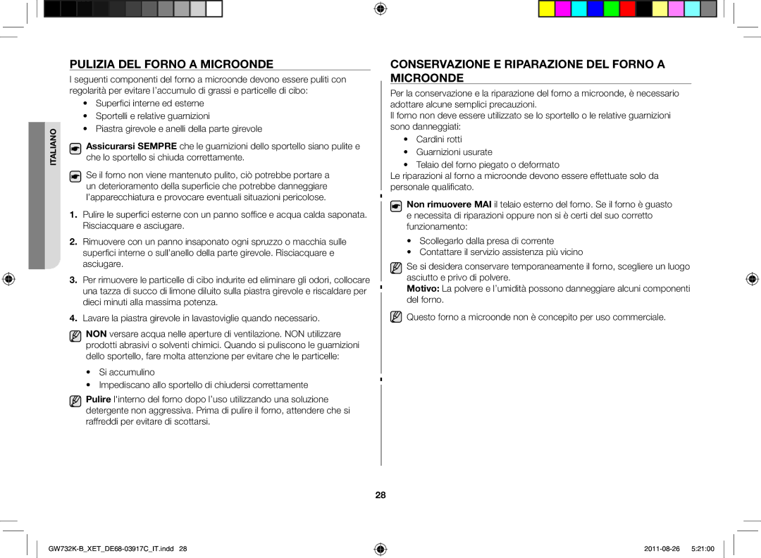 Samsung GW732K-B/XET manual Pulizia del forno a microonde, Conservazione e riparazione del forno a microonde 