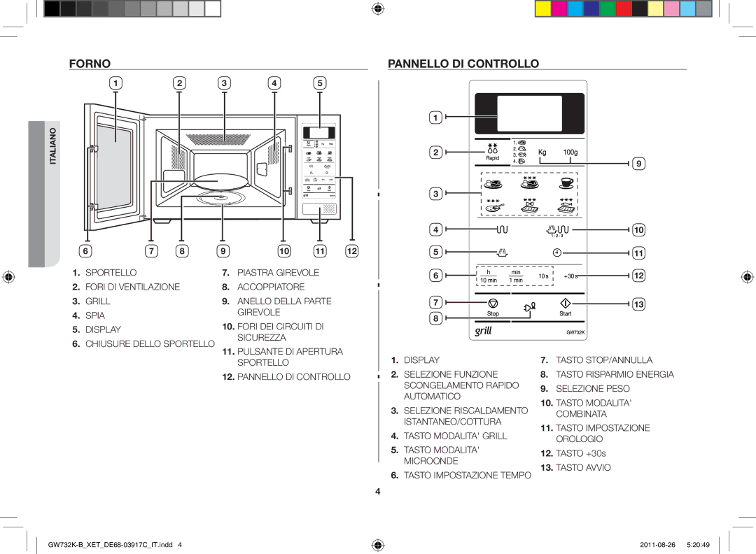 Samsung GW732K-B/XET manual Forno Pannello di controllo, Tasto +30s 