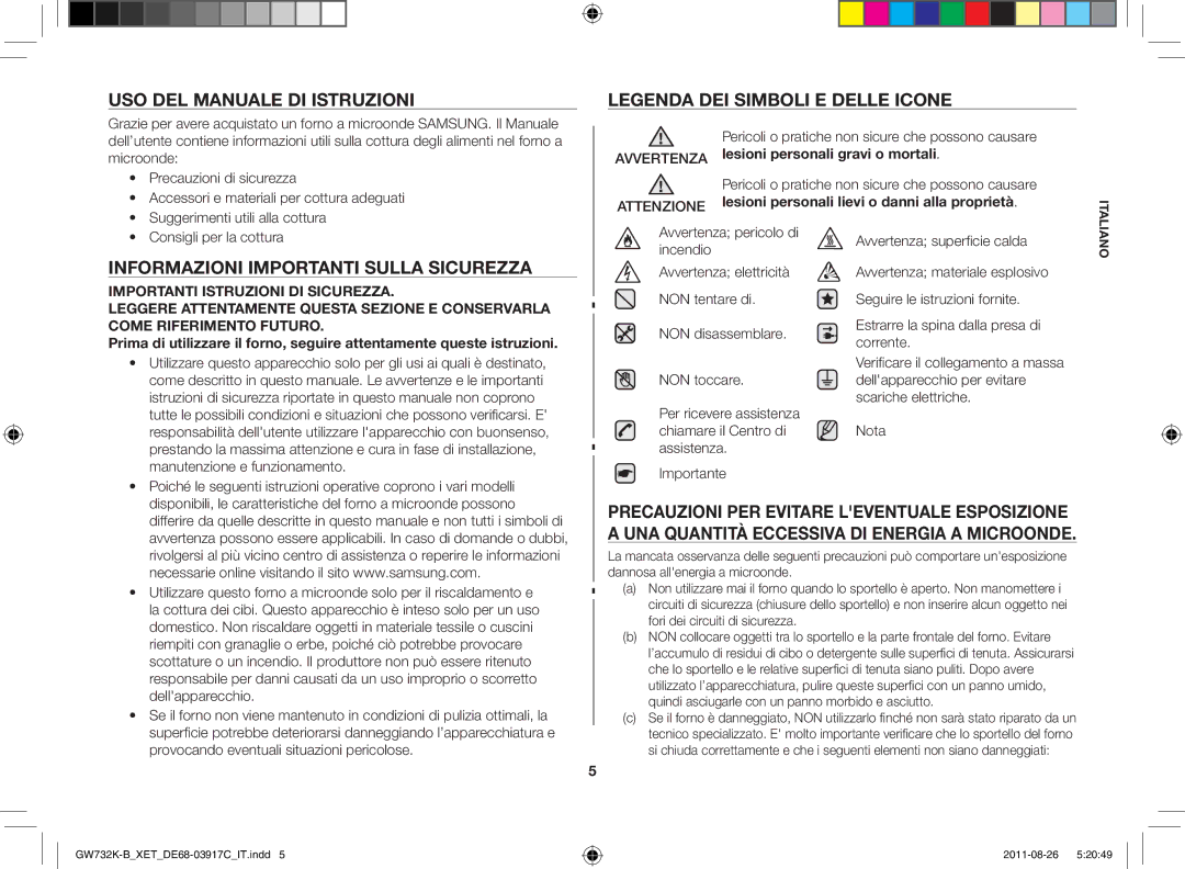 Samsung GW732K-B/XET Uso del manuale di istruzioni, Informazioni importanti sulla sicurezza 