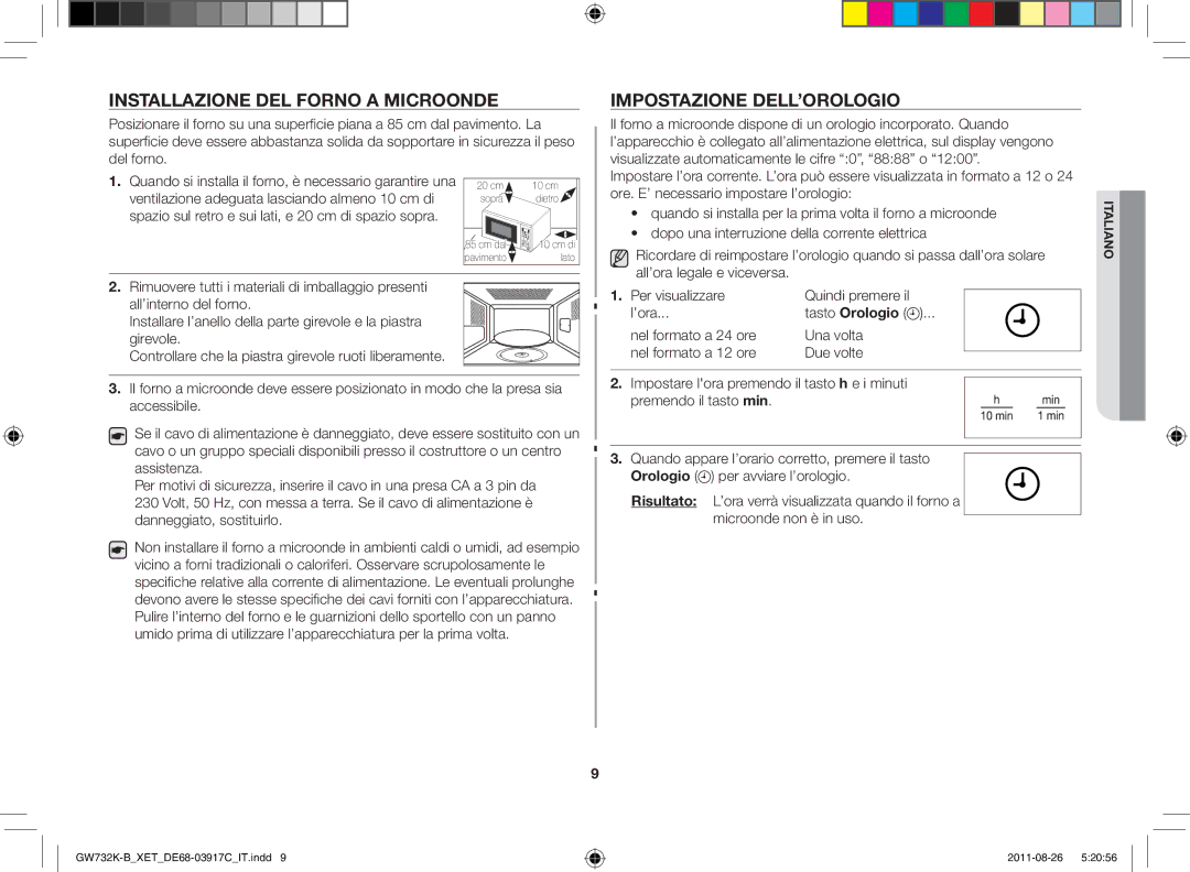 Samsung GW732K-B/XET manual Installazione del forno a microonde, Impostazione dell’orologio 