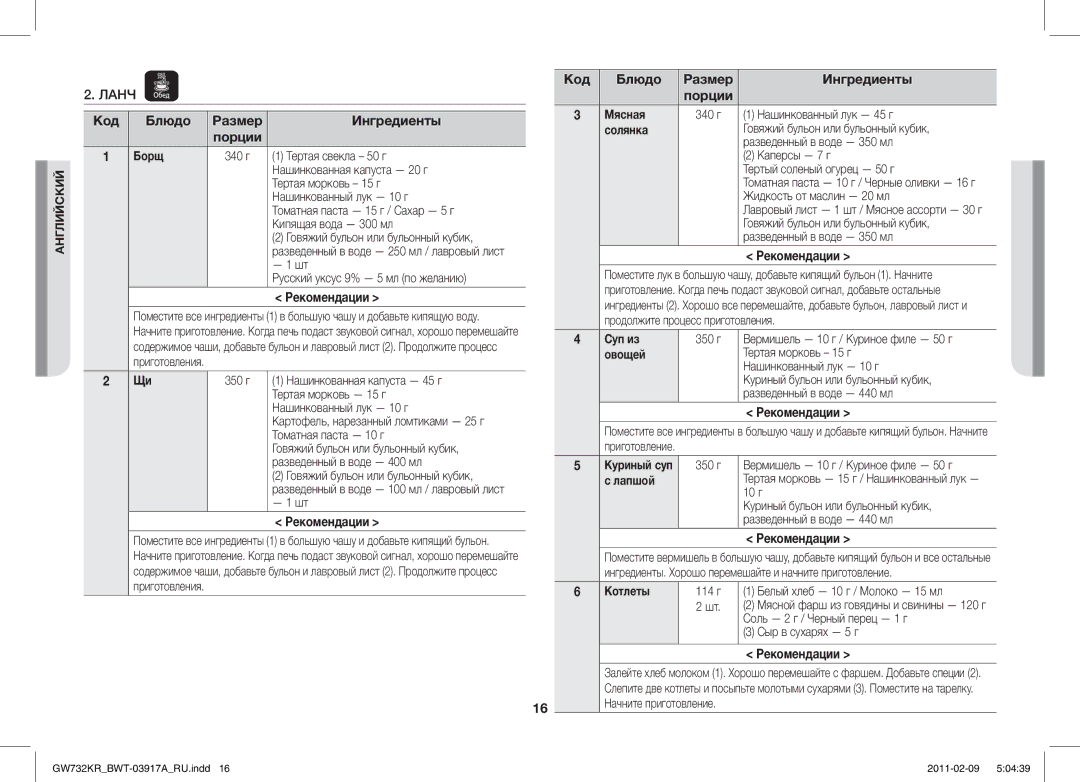 Samsung GW732KR-S/BWT, GW732KR/BWT manual Ланч, Порции Борщ 