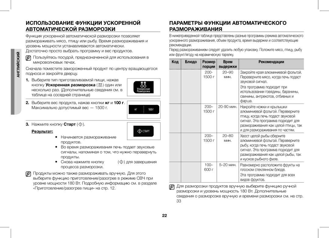 Samsung GW732KR-S/BWT Использование Функции Ускоренной Автоматической Разморозки, Результат, Код Блюдо, Врем Рекомендации 