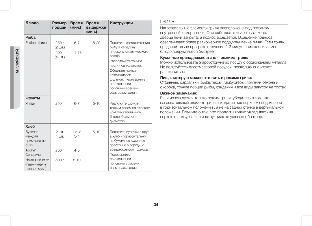 Samsung GW732KR-S/BWT, GW732KR/BWT manual Гриль, Хлеб, Важное замечание 