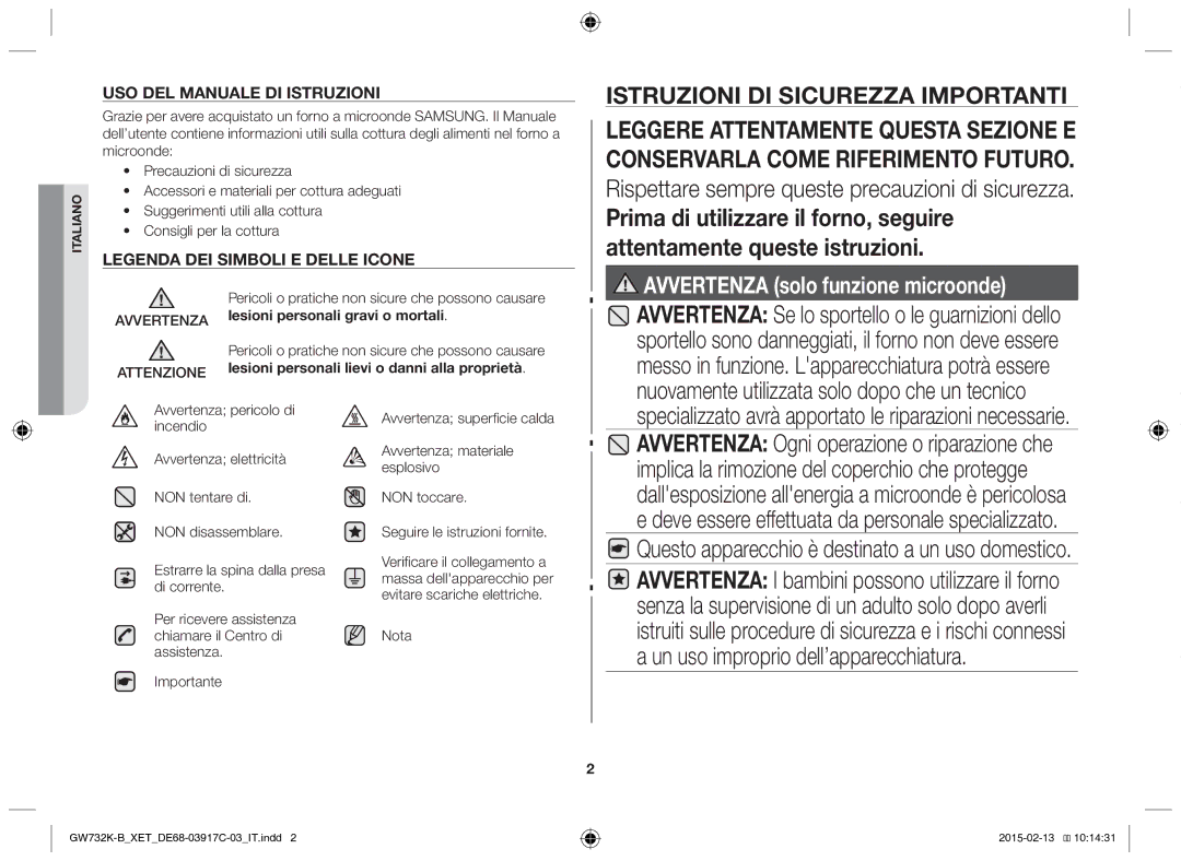 Samsung GW732K/XET manual Istruzioni DI Sicurezza Importanti 