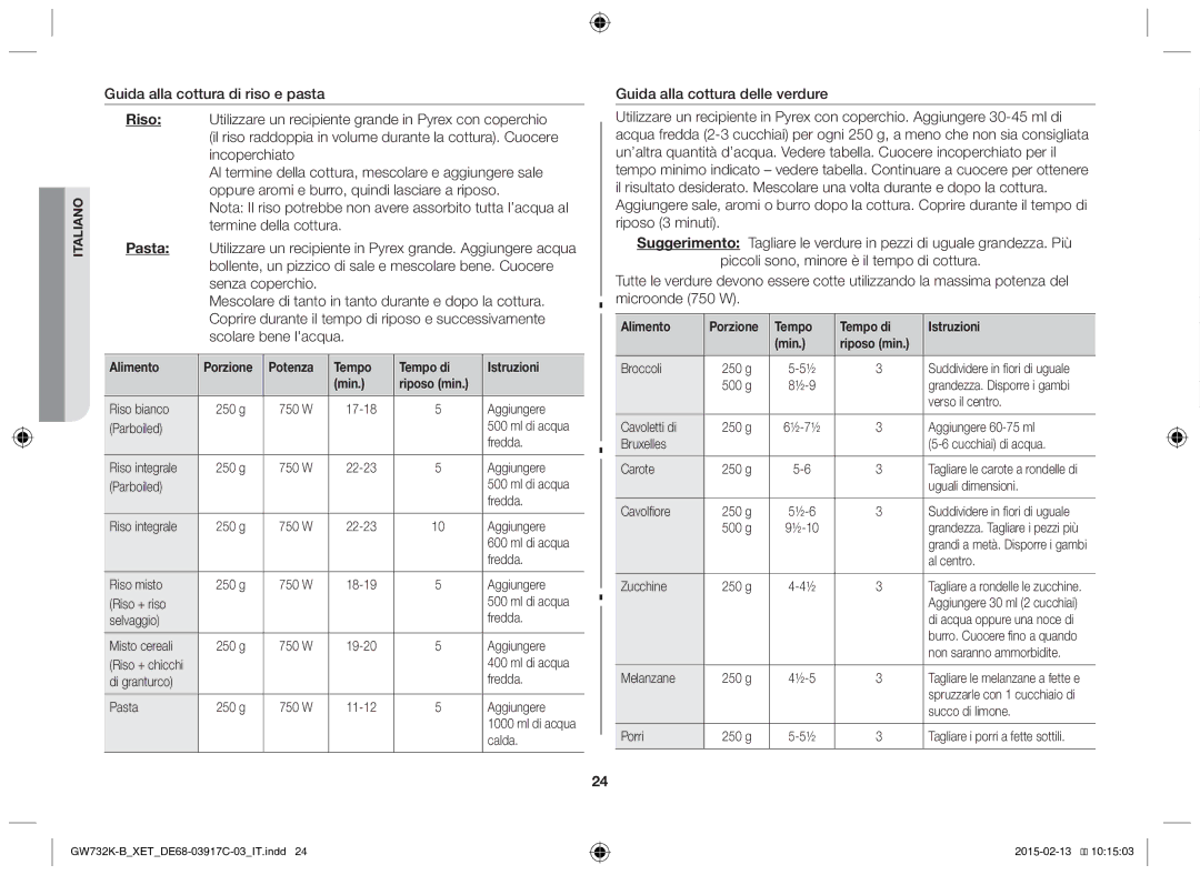 Samsung GW732K/XET manual Alimento Porzione Potenza Tempo Tempo di Istruzioni, Riposo min 