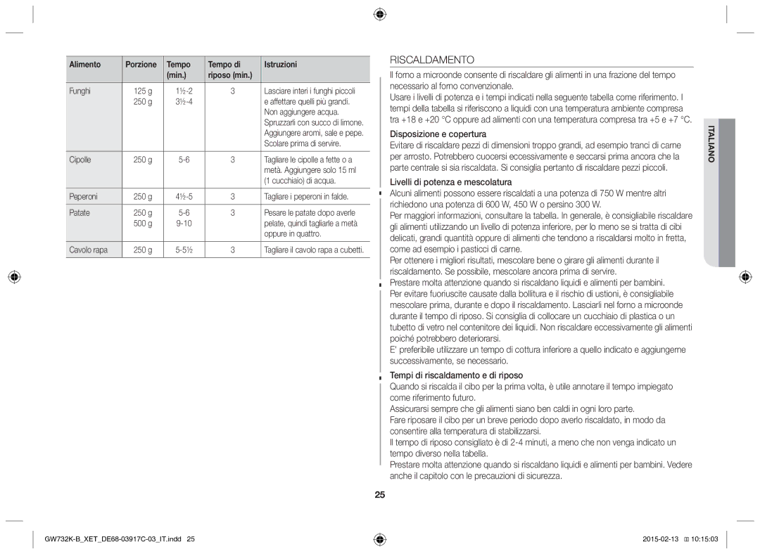 Samsung GW732K/XET manual Riscaldamento, Alimento Porzione Tempo Tempo di Istruzioni Min Riposo min 