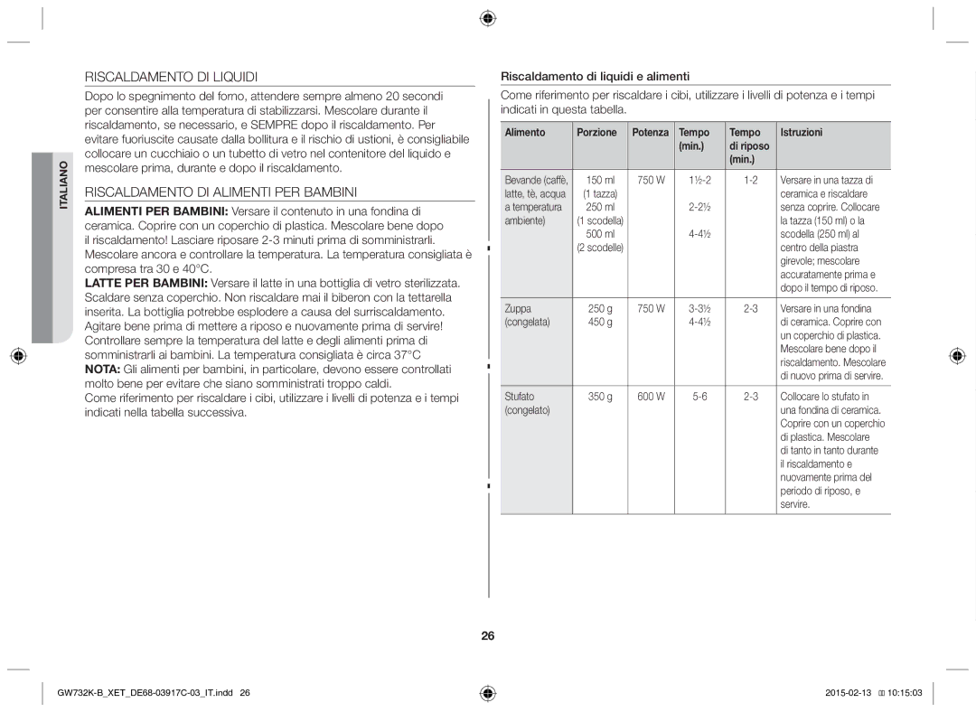 Samsung GW732K/XET manual Riscaldamento DI Liquidi, Riscaldamento DI Alimenti PER Bambini, Alimento Porzione 