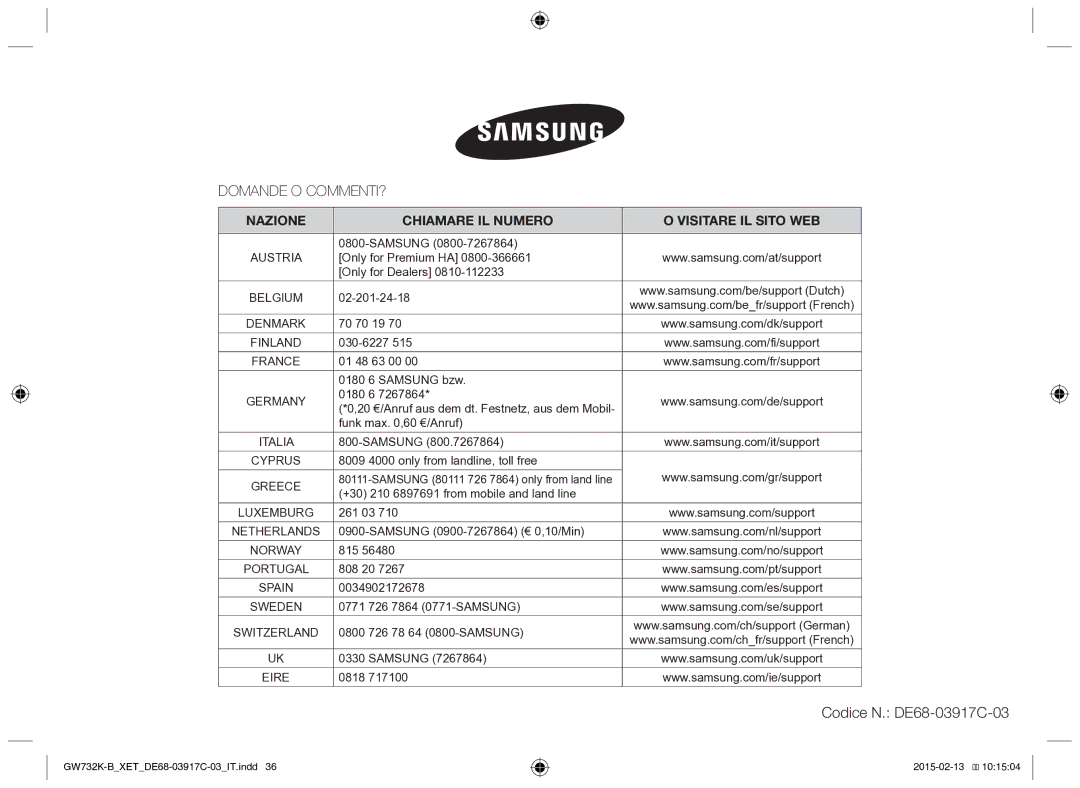 Samsung GW732K/XET manual Domande O COMMENTI? 