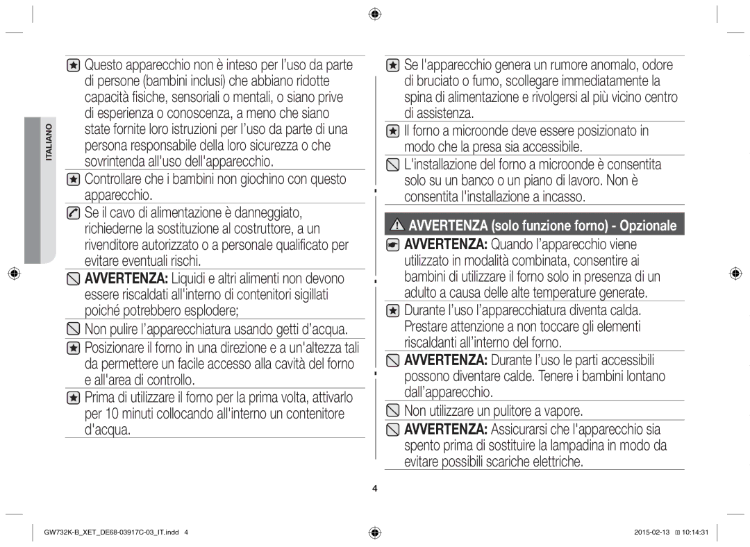 Samsung GW732K/XET manual Avvertenza solo funzione forno Opzionale 