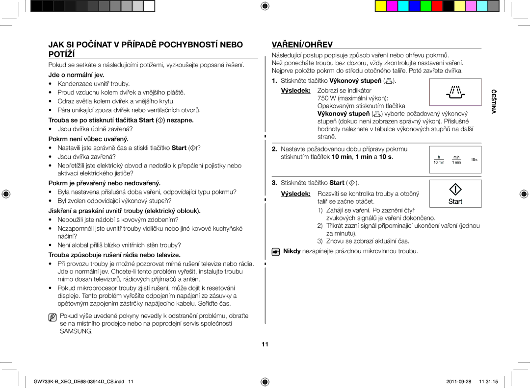 Samsung GW733K-B/XEO manual Jak si počínat v případě pochybností nebo potíží, Vaření/Ohřev 