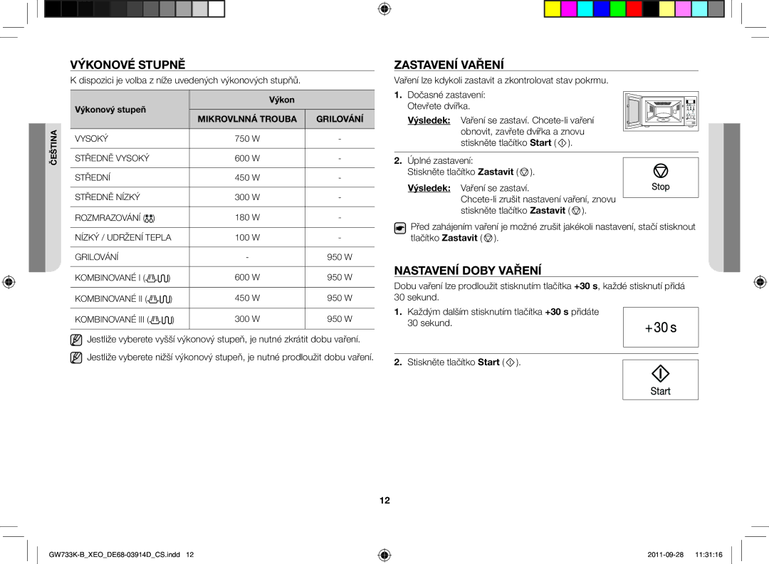 Samsung GW733K-B/XEO manual Výkonové stupně, Zastavení vaření, Nastavení doby vaření, Výkonový stupeň 