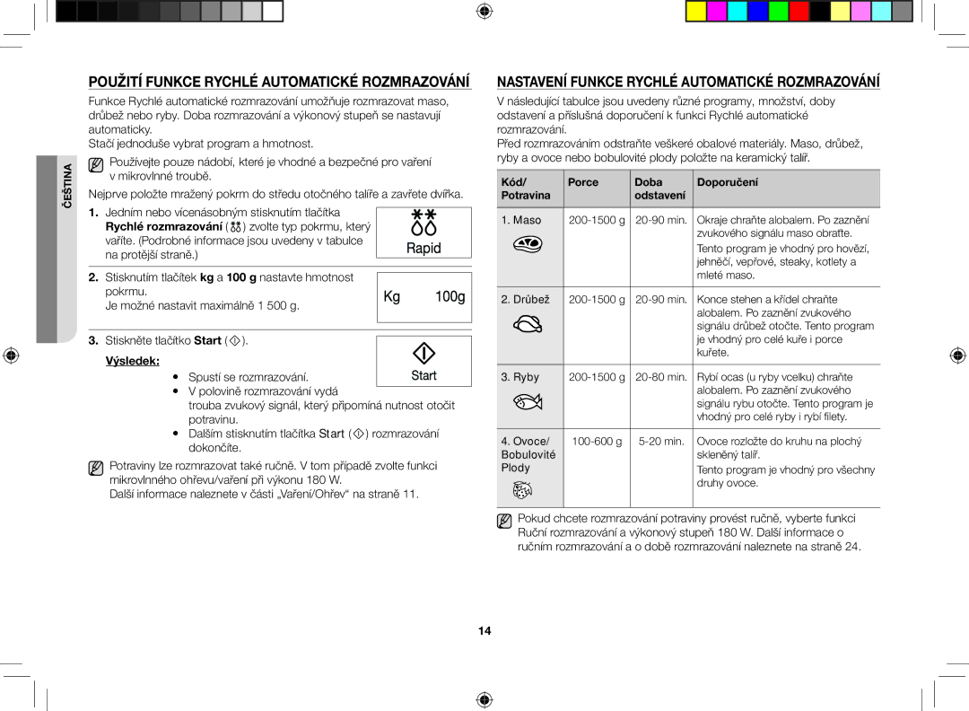 Samsung GW733K-B/XEO Použití funkce rychlé automatické rozmrazování, Nastavení funkce rychlé automatické rozmrazování 