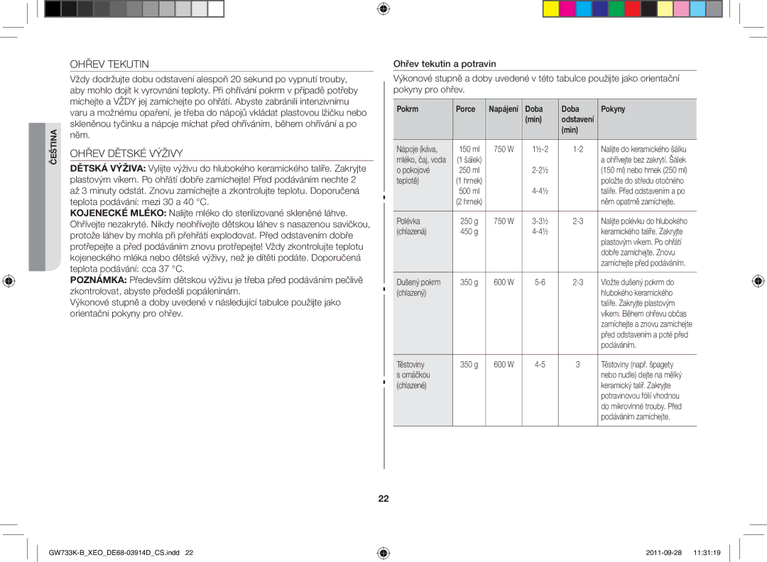 Samsung GW733K-B/XEO manual Ohřev Tekutin, Ohřev Dětské Výživy, Pokrm Porce, Doba Pokyny Min 