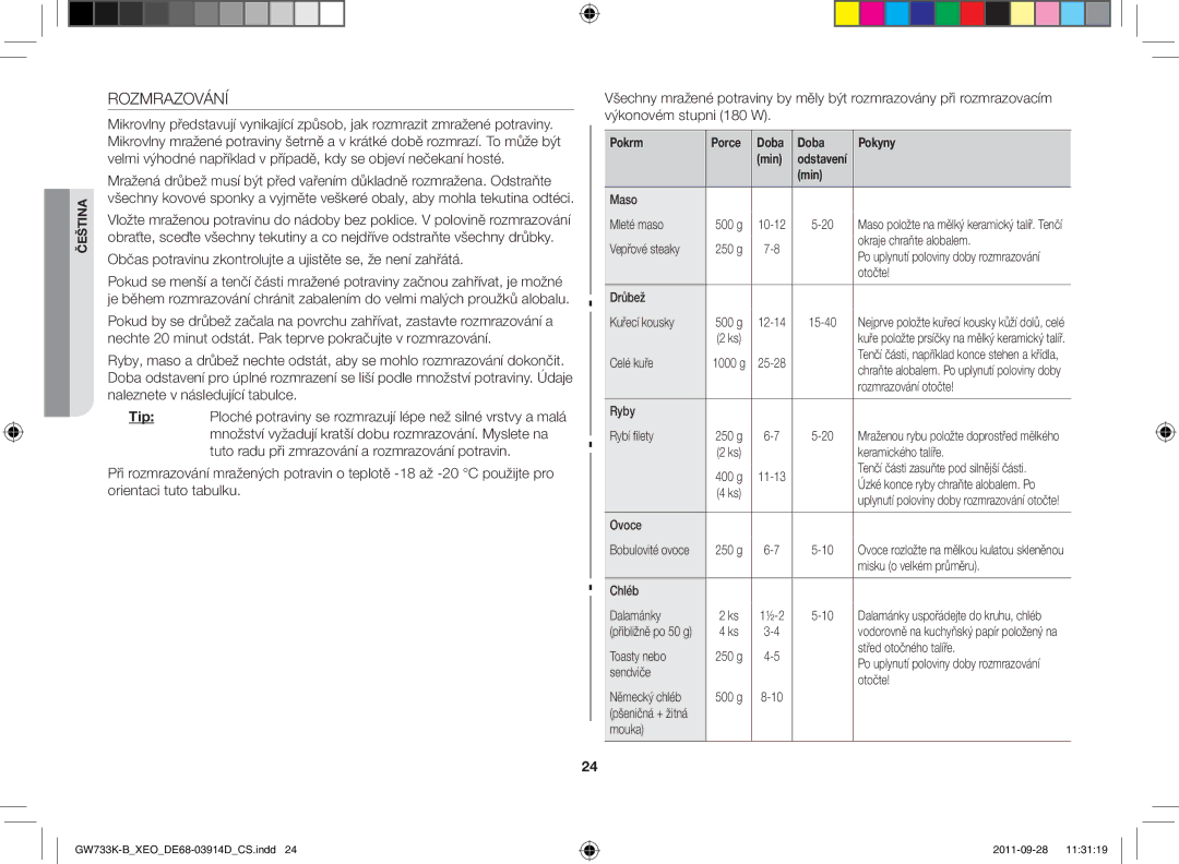 Samsung GW733K-B/XEO manual Rozmrazování, Občas potravinu zkontrolujte a ujistěte se, že není zahřátá 