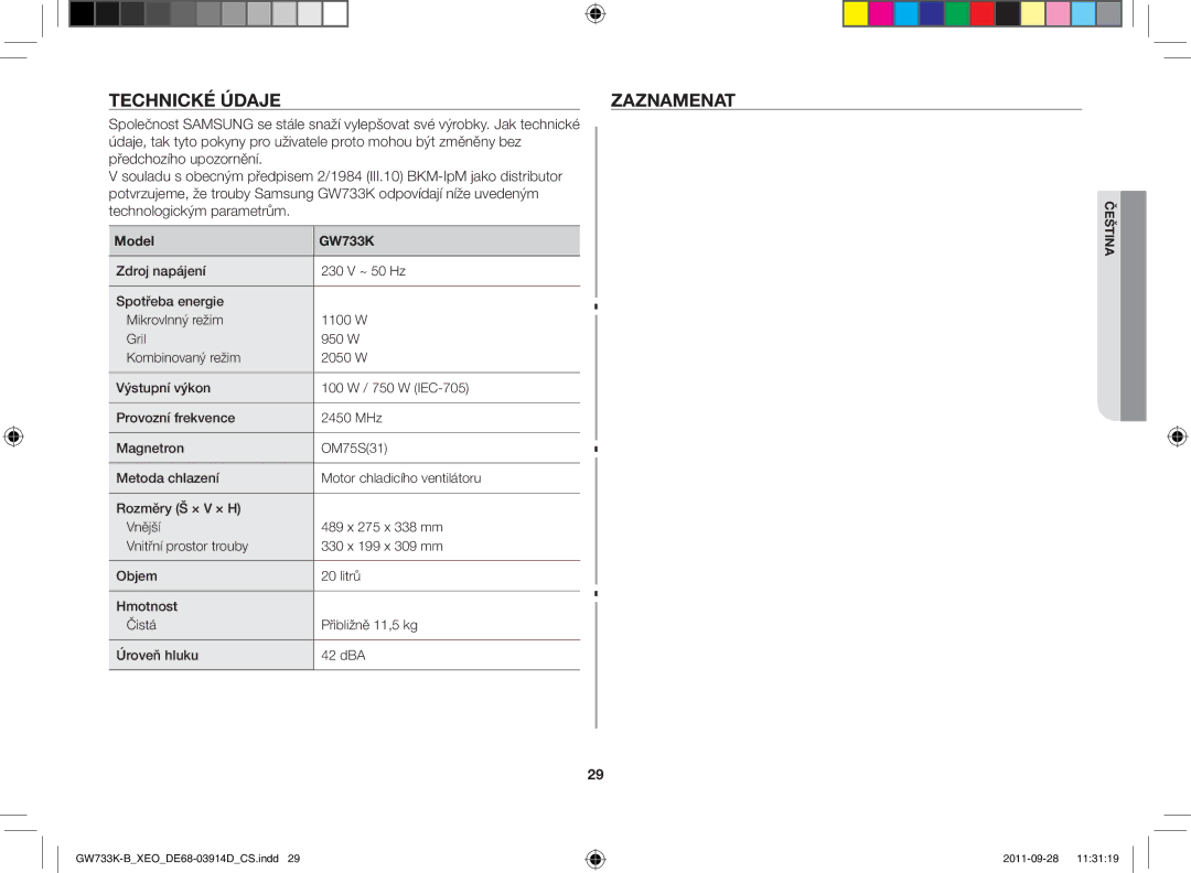 Samsung GW733K-B/XEO manual Technické údaje Zaznamenat, Model GW733K 