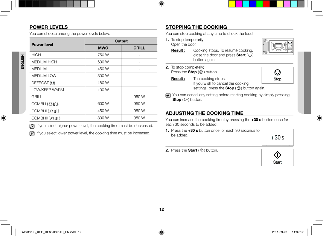 Samsung GW733K-B/XEO manual Power levels, Stopping the cooking, Adjusting the cooking time, Output 