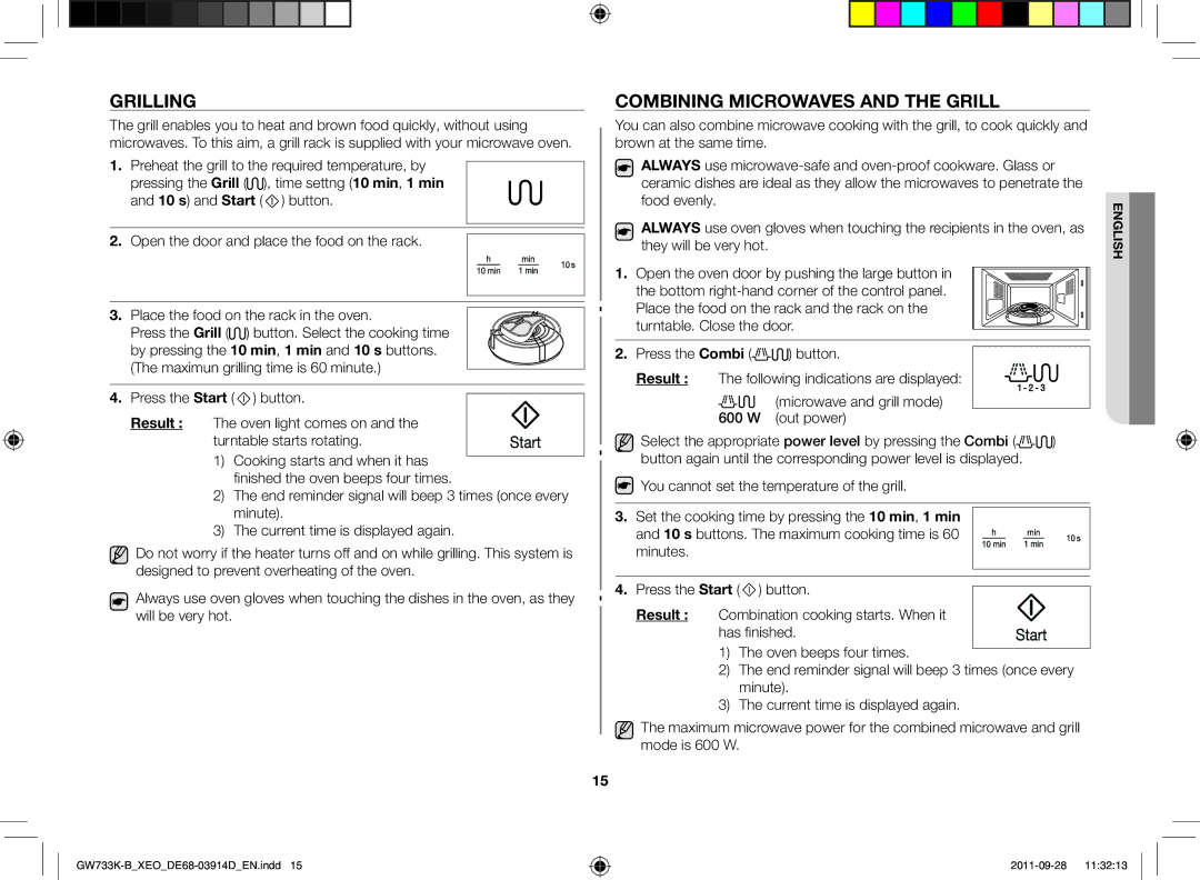 Samsung GW733K-B/XEO manual Grilling, Combining microwaves and the grill 