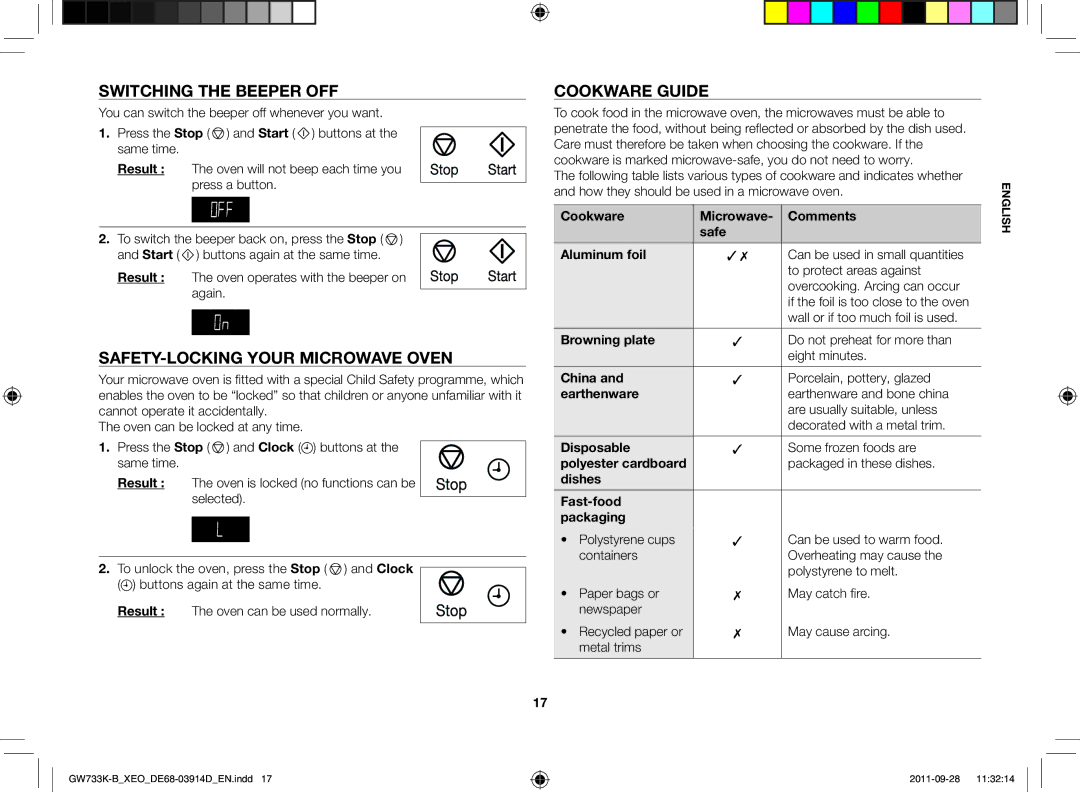 Samsung GW733K-B/XEO manual Switching the beeper off, Safety-locking your microwave oven, Cookware guide 