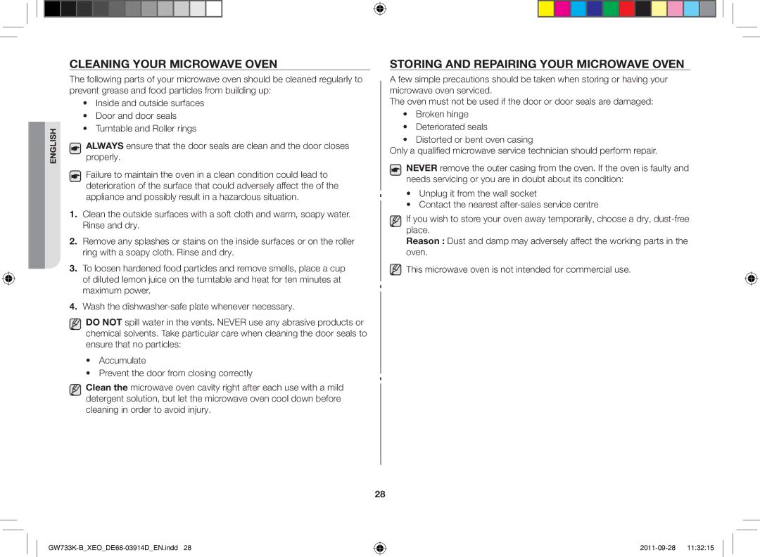 Samsung GW733K-B/XEO manual Cleaning your microwave oven, Storing and repairing your microwave oven 