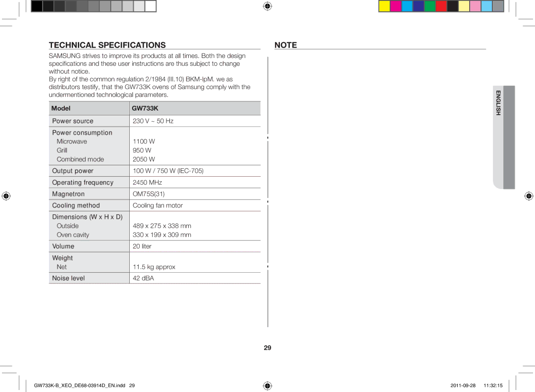 Samsung GW733K-B/XEO manual Technical specifications, Model GW733K 