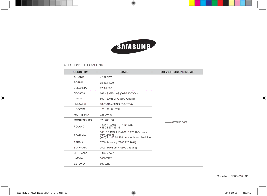 Samsung GW733K-B/XEO manual Code No. DE68-03914D 