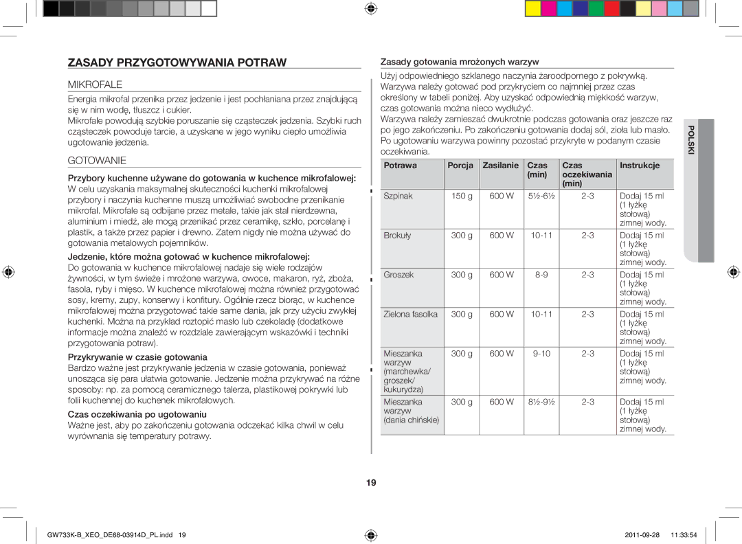 Samsung GW733K-B/XEO Zasady przygotowywania potraw, Mikrofale, Gotowanie, Potrawa Porcja Zasilanie Czas Instrukcje Min 