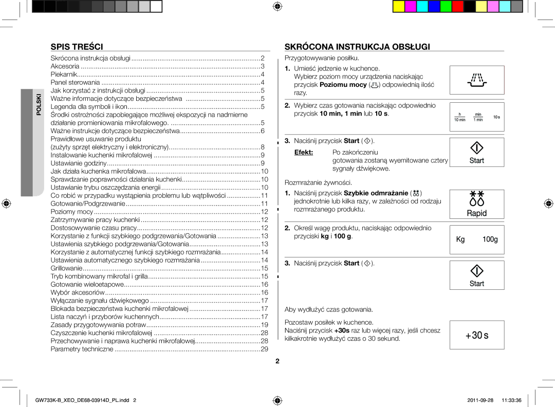 Samsung GW733K-B/XEO manual Spis treści, Skrócona instrukcja obsługi, Prawidłowe usuwanie produktu 