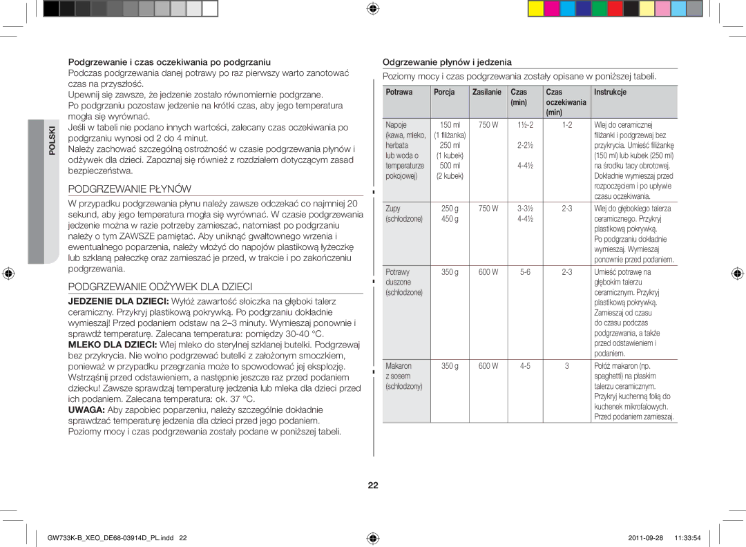 Samsung GW733K-B/XEO manual Podgrzewanie Płynów, Podgrzewanie Odżywek DLA Dzieci, Potrawa Porcja, Czas Instrukcje Min 