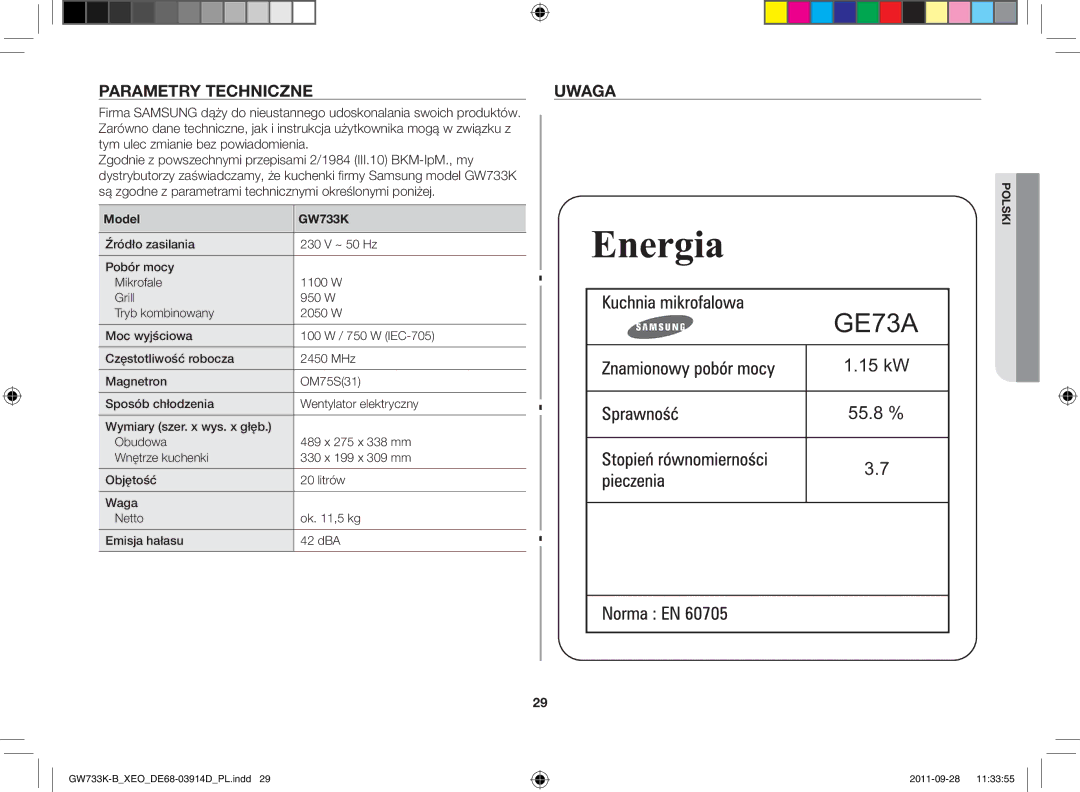 Samsung GW733K-B/XEO manual Parametry techniczne Uwaga, Model GW733K 