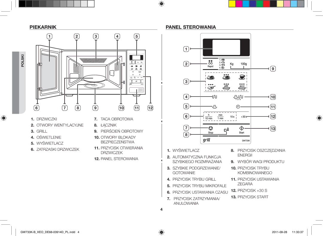 Samsung GW733K-B/XEO manual Piekarnik Panel sterowania, Przycisk +30 S 