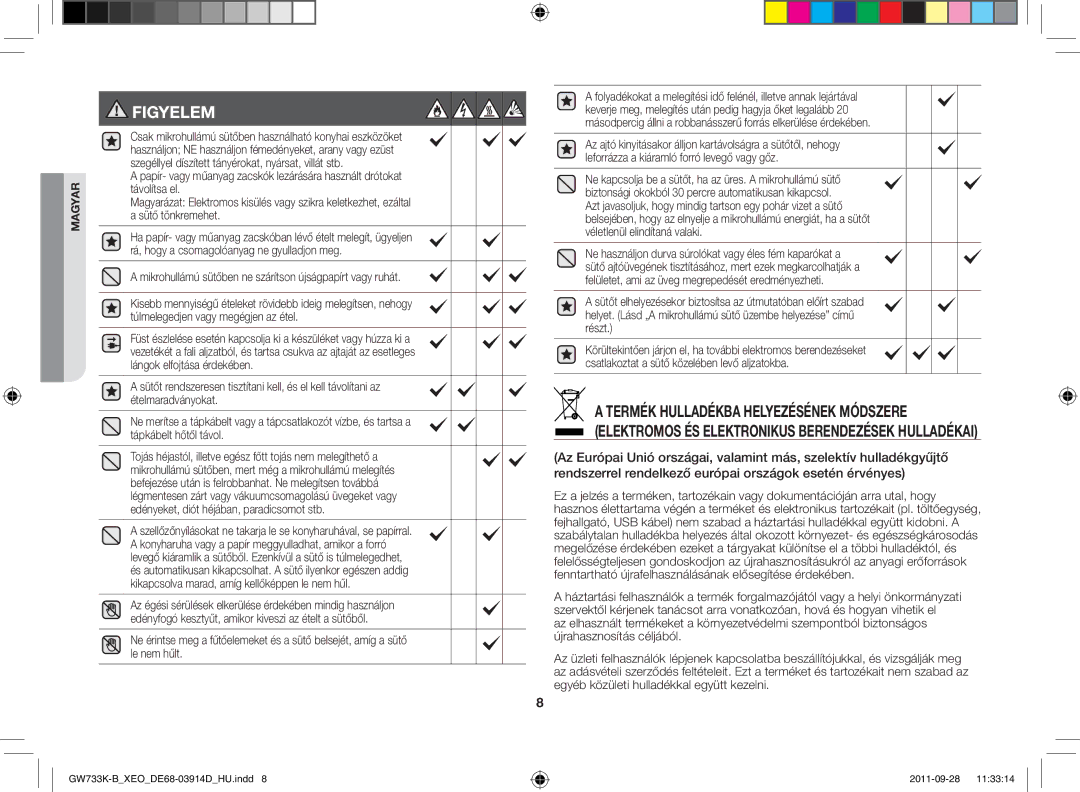 Samsung GW733K-B/XEO manual Figyelem, Mikrohullámú sütőben ne szárítson újságpapírt vagy ruhát 