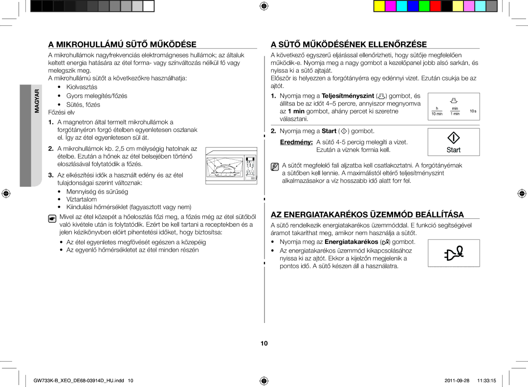 Samsung GW733K-B/XEO Mikrohullámú sütő működése, Sütő működésének ellenőrzése, Az energiatakarékos üzemmód beállítása 