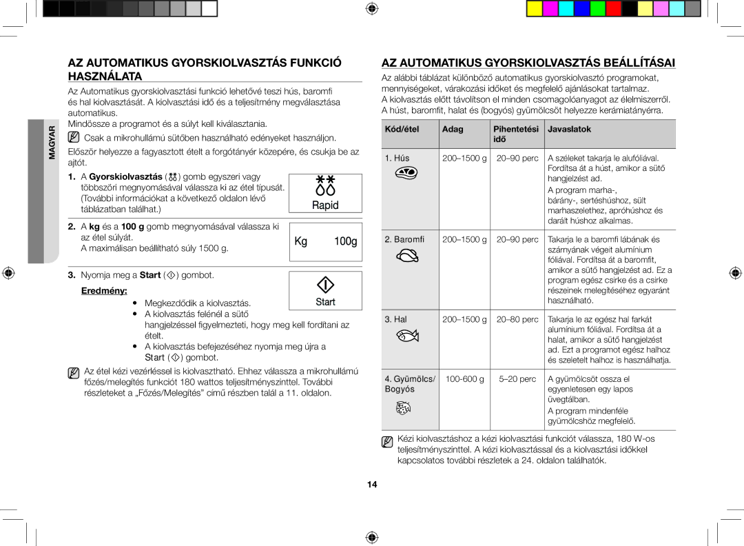 Samsung GW733K-B/XEO manual Az automatikus gyorskiolvasztás funkció használata, Az Automatikus gyorskiolvasztás beállításai 