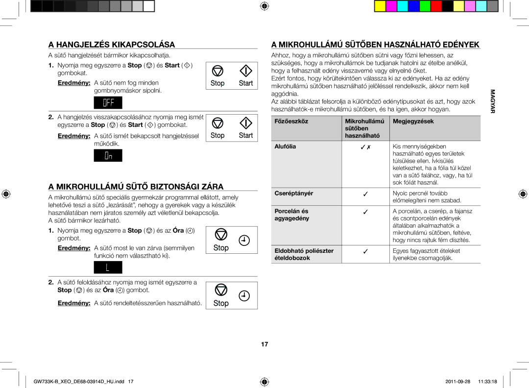 Samsung GW733K-B/XEO Hangjelzés kikapcsolása, Mikrohullámú sütő biztonsági zára, Mikrohullámú sütőben használható edények 